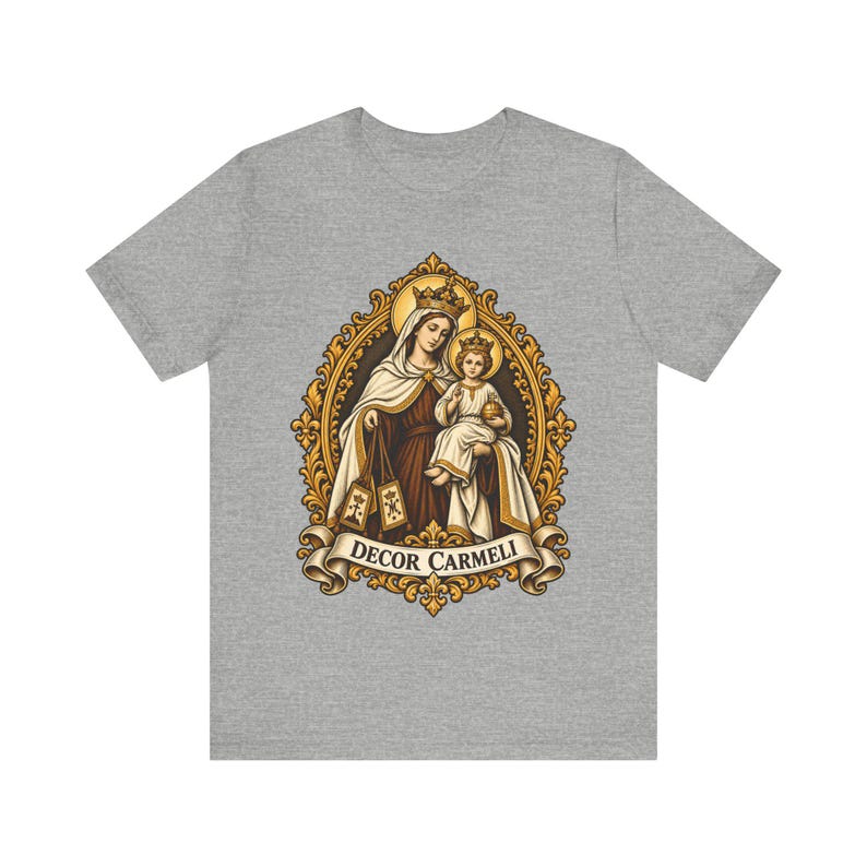 Mount Carmel Madonna Shirt, Brown Scapular Devotion Tee, Golden Frame Marian Art, Carmelite Virgin Mary Gift for Women, Catholic Apparel image 7