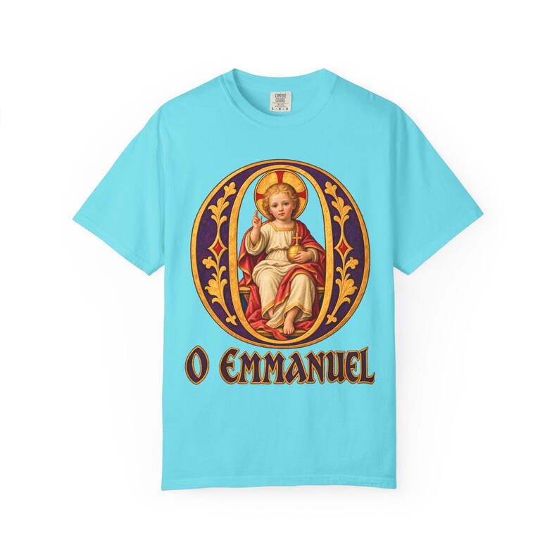 O Emmanuel Comfort Colors Shirt | Catholic Advent T-Shirt | O Antiphon Gift | Illuminated Letter with Christ Child image 8
