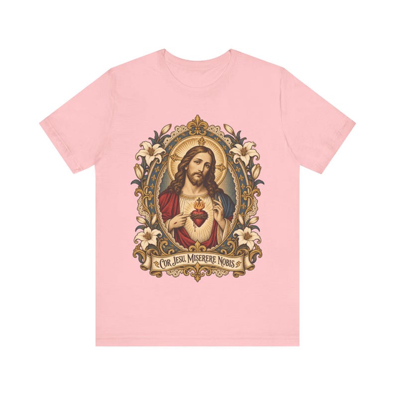 Jesu heliga hjärtas porträttskjorta, Cor Jesu Miserere Nobis helig kortskjorta, Batoni-stil katolsk konst med liljor, kristen gåva för män bild 5