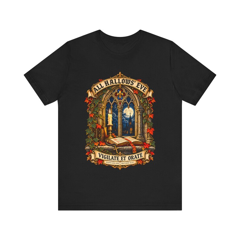 Maglietta di Ognissanti / Maglietta cattolica di Halloween / Regalo gotico / Vigilate et Orate, Finestra della chiesa illuminata dalla luna immagine 9