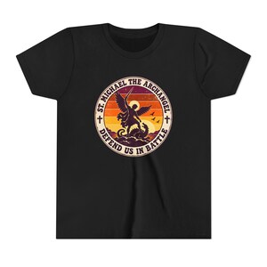 Kids Retro St Michael Badge Shirt, Youth Defend Us in Battle Tee, Catholic Boys Gift, Archangel Slaying Dragon Sunset image 5