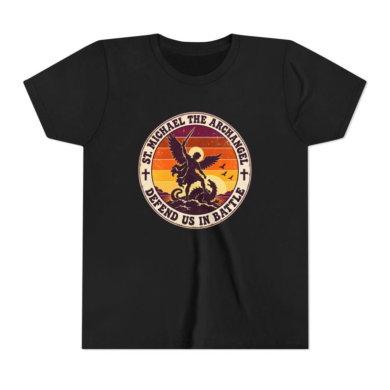 Kids Retro St Michael Badge Shirt, Youth Defend Us in Battle Tee, Catholic Boys Gift, Archangel Slaying Dragon Sunset image 5