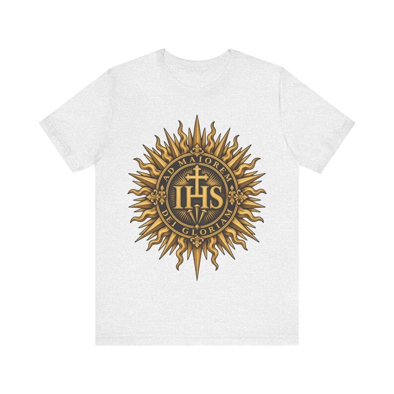 Ad Maiorem Dei Gloriam skjorta, AMDG IHS Sunburst Tee, latinsk katolsk gåva, jesuitexamen eller konfirmationspresent, Ignatians motto bild 4