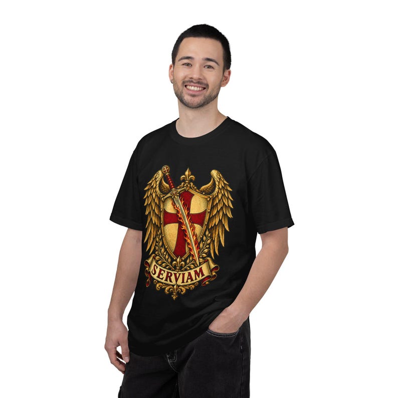 Archangel Michael Emblem Tee, Bold Sticker Style Shield and Wings, I Will Serve Catholic Gift for Veteran or Police Officer, Comfort Colors image 8