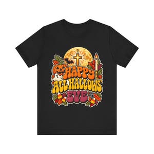 Catholic Halloween Tee, Retro Groovy All Hallows Eve Shirt, Cross Moon Ghost (Adults) image 2