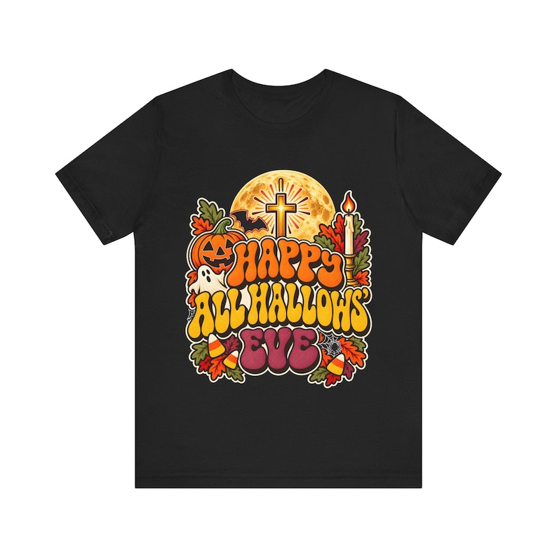 Catholic Halloween Tee, Retro Groovy All Hallows Eve Shirt, Cross Moon Ghost (Adults) image 2