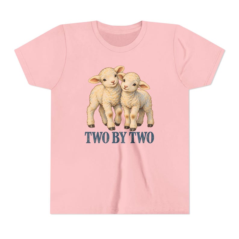 Kinder T-shirt 'Twee aan Twee', T-shirt voor jongeren met afbeelding van een tweelinglammetjes, Christelijk cadeau met de ark van Noach voor tweelingen of broers en zussen, Vintage lammetjeskunst afbeelding 7