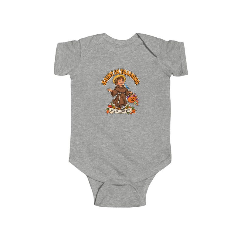 Baby-Body mit St.-Franziskus-Motiv, katholisches Geschenk zum ersten Halloween, Kürbis mit Blaumeisenmotiv Bild 2