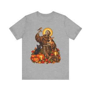 Skeleton St Francis Shirt | Catholic Halloween T-Shirt | Animal Lover Gift | Spooky Saint with Deer and Cat image 6