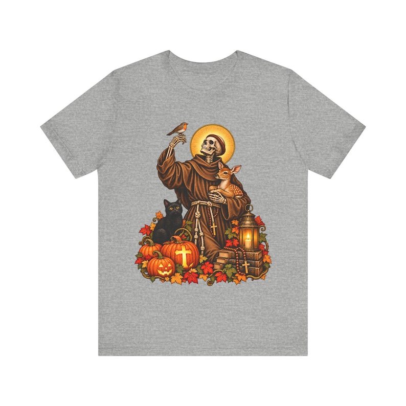 Skeleton St Francis Shirt | Catholic Halloween T-Shirt | Animal Lover Gift | Spooky Saint with Deer and Cat image 6