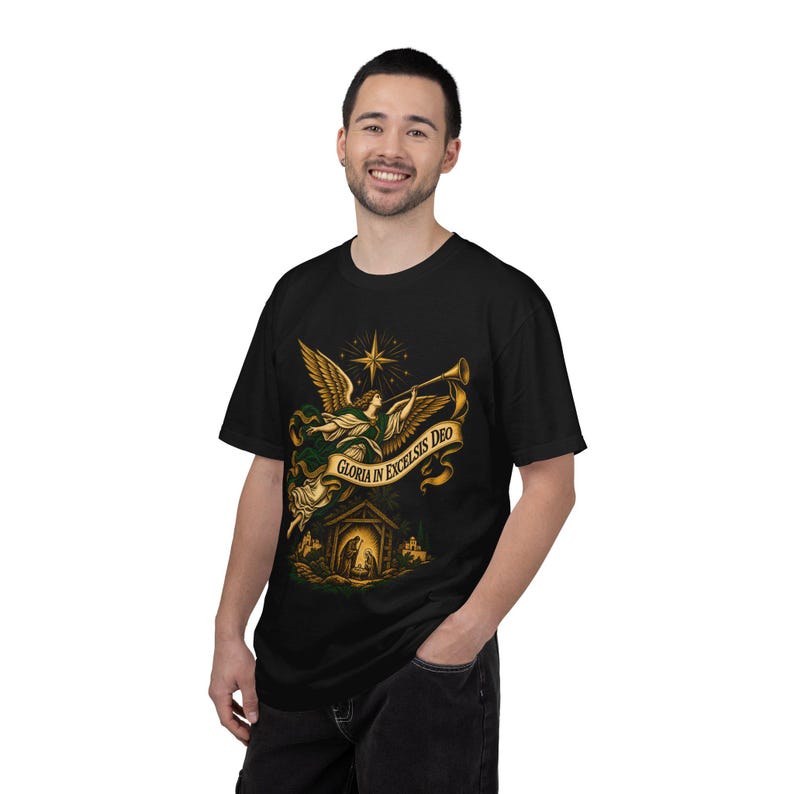 Nativity Angel Tee, Gloria in Excelsis Deo Trumpet, Christian Christmas Gift for Parents, Star of Bethlehem Holy Family Art, Comfort Colors image 9