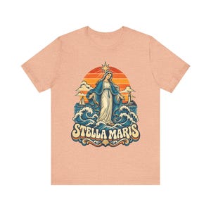 Stella Maris Shirt, Our Lady Star of the Sea Tee, Retro Catholic Beach Apparel, Virgin Mary Coastal Gift, Lighthouse and Sailboat Art image 3