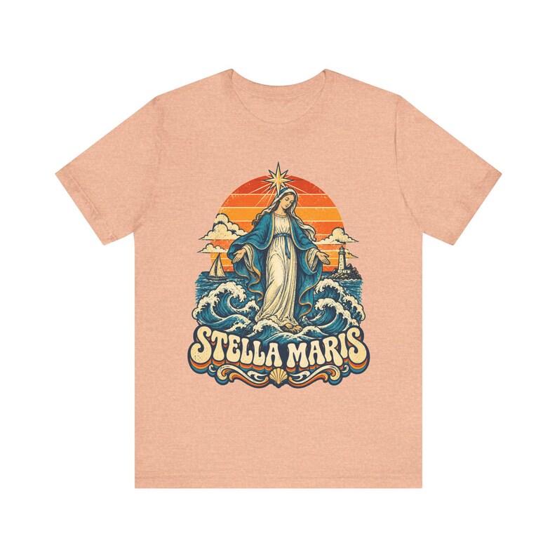 Stella Maris Shirt, Our Lady Star of the Sea Tee, Retro Catholic Beach Apparel, Virgin Mary Coastal Gift, Lighthouse and Sailboat Art image 3
