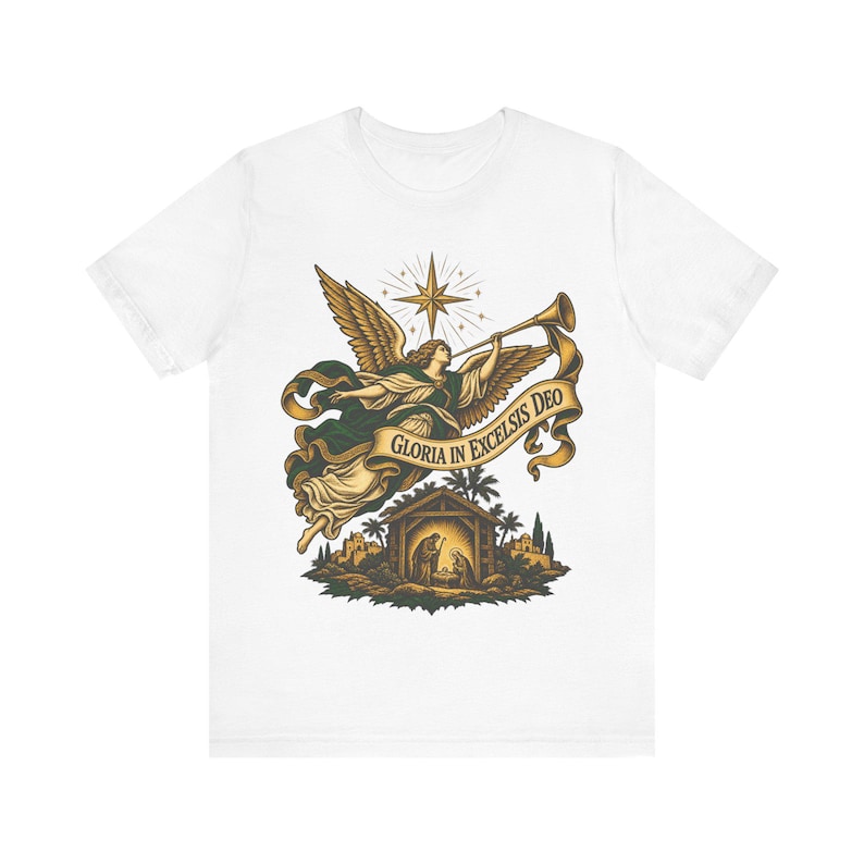 Gloria in Excelsis Deo Shirt, Catholic Christmas Nativity Tee, Herald Angel Trumpet and Star of Bethlehem, Christian Holiday Gift for Choir image 3
