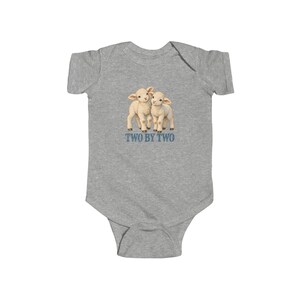 Baby Two by Two Bodysuit, Twin Lambs Infant One Piece, Noah's Ark Christian Baby Gift for Twins, Vintage Lamb Art image 2
