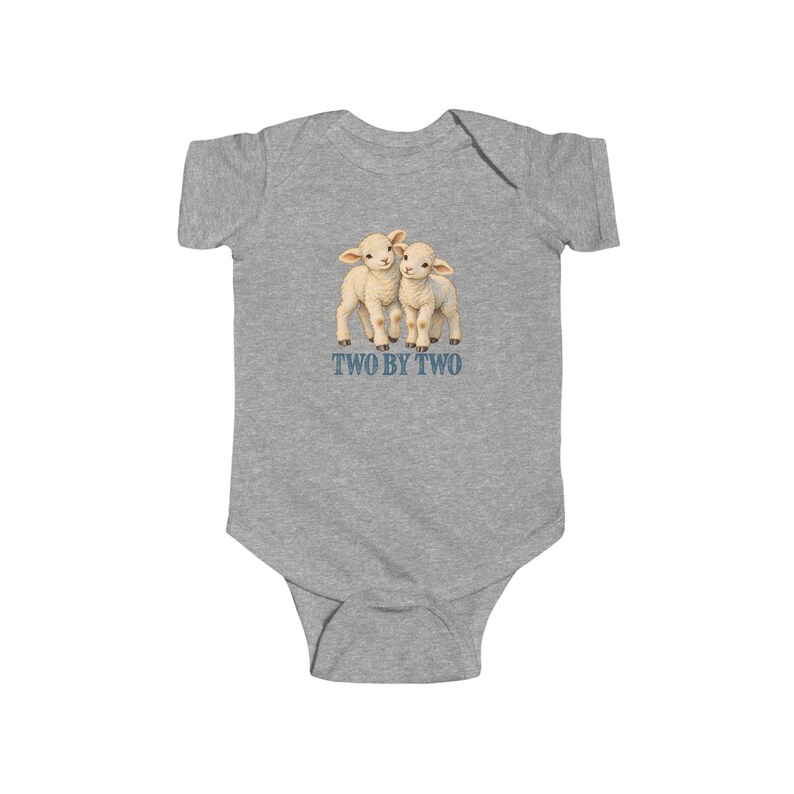 Baby Two by Two Bodysuit, Twin Lambs Infant One Piece, Noah's Ark Christian Baby Gift for Twins, Vintage Lamb Art image 2