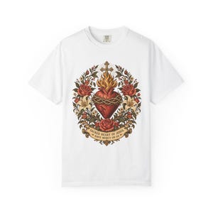Floral Sacred Heart Tee, Cottagecore Cor Jesu with Wildflowers, Have Mercy Prayer Gift for Mom, Botanical Christian Apparel, Comfort Colors image 3