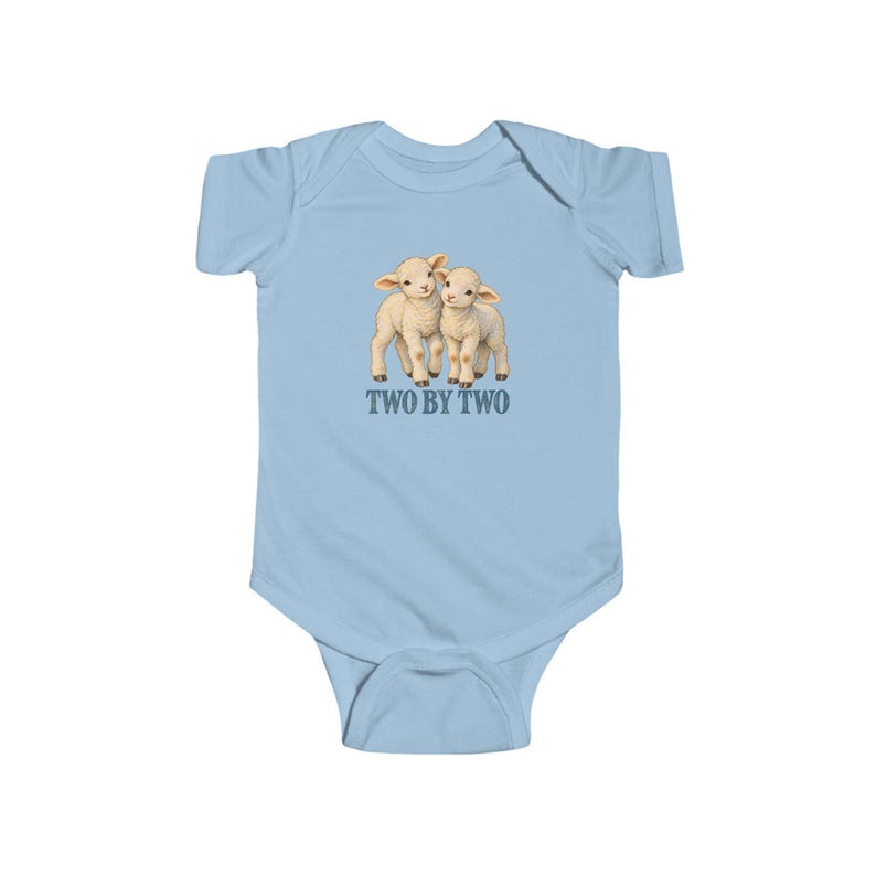 Baby Two by Two Bodysuit, Twin Lambs Infant One Piece, Noah's Ark Christian Baby Gift for Twins, Vintage Lamb Art image 3