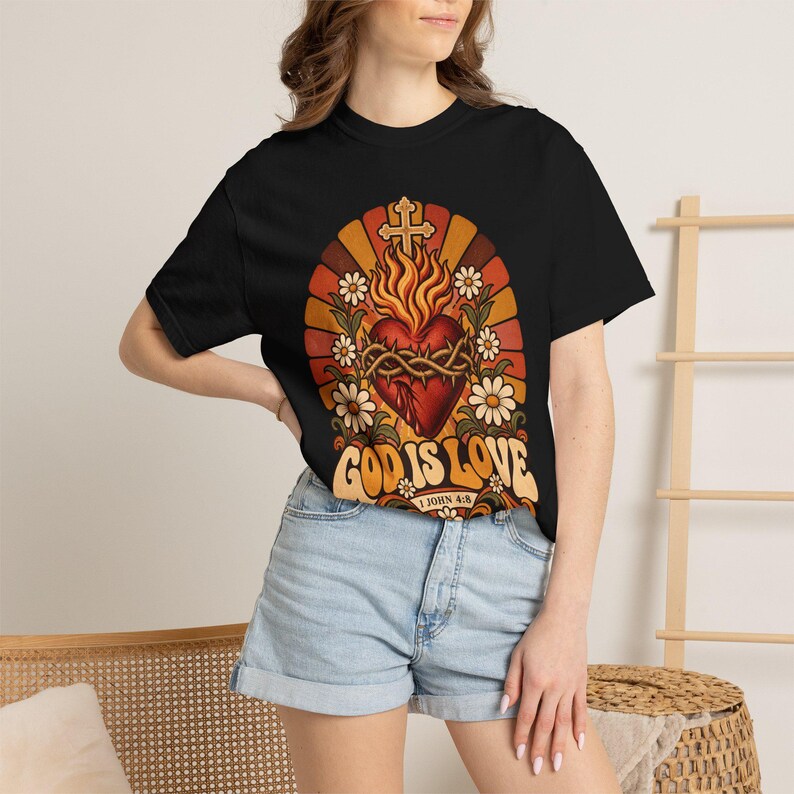 Retro Bible Verse Tee, 1 John 4 8 Sacred Heart Sunburst, Vintage Christian Gift for Mom, Boho Floral Scripture Apparel, Comfort Colors image 10