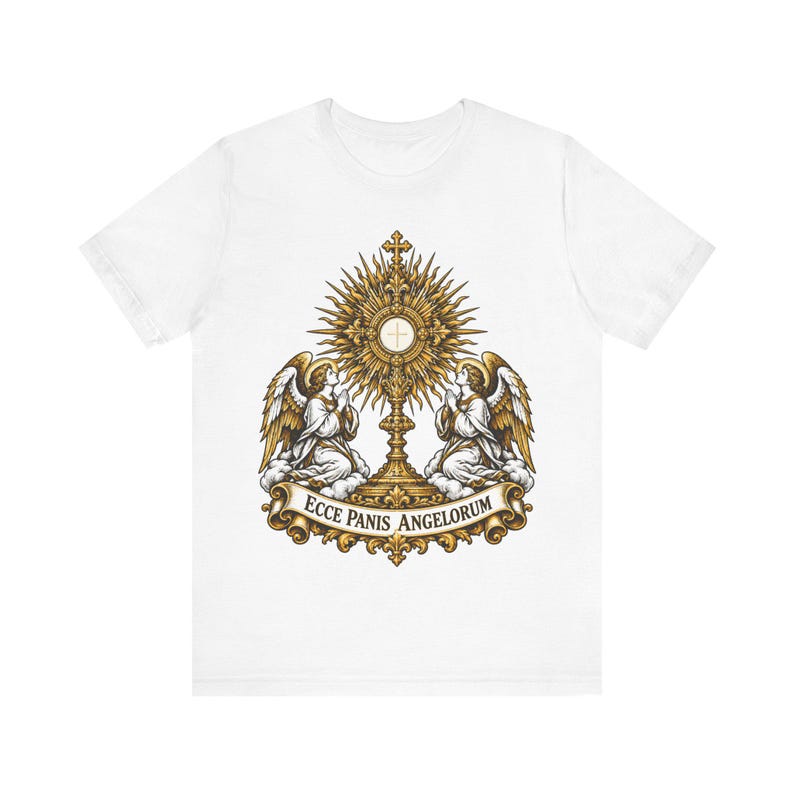 Ecce Panis Angelorum Shirt, Eucharistic Adoration Monstrance Tee, First Communion Gift, Holy Hour Bread of Angels, Catholic Revival Apparel image 3