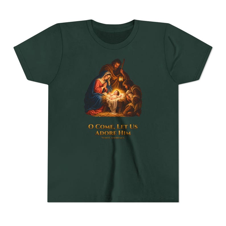 Kids O Come Let Us Adore Him Shirt, Youth Nativity Christmas Tee, Catholic Christmas Gift for Kids, Holy Family Venite Adoremus image 10