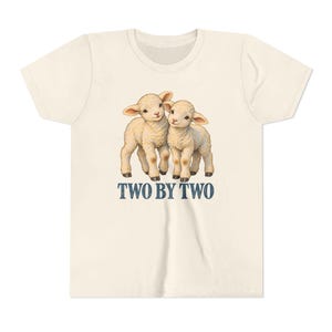 Kinder T-shirt 'Twee aan Twee', T-shirt voor jongeren met afbeelding van een tweelinglammetjes, Christelijk cadeau met de ark van Noach voor tweelingen of broers en zussen, Vintage lammetjeskunst afbeelding 4