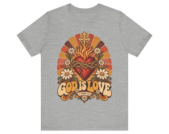 Camiseta 1 Juan 4:8 / Camiseta católica / Regalo de fe para mujeres / Dios es amor, Sagrado Corazón retro con diseño de rayos de sol