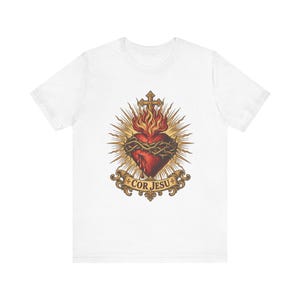 T-Shirt mit Herz-Jesu-Motiv | Katholisches T-Shirt | Geschenkidee für Männer am ersten Freitag im Monat | Goldene Sonnenstrahlen, Herz Jesu Bild 2