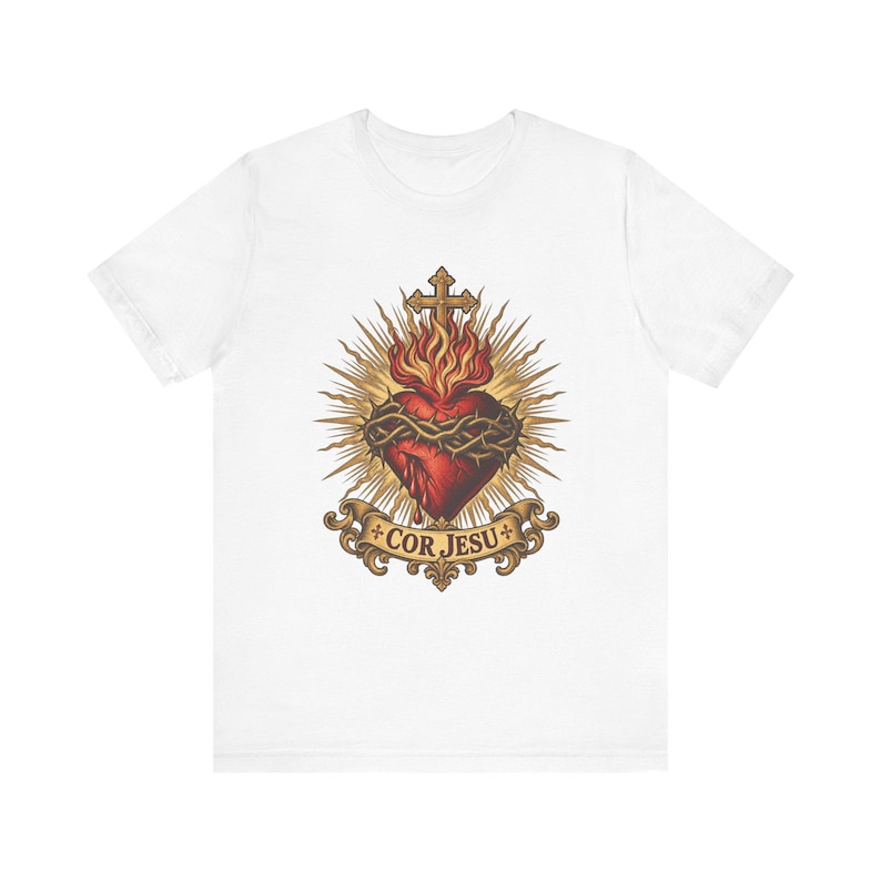 T-Shirt mit Herz-Jesu-Motiv | Katholisches T-Shirt | Geschenkidee für Männer am ersten Freitag im Monat | Goldene Sonnenstrahlen, Herz Jesu Bild 2