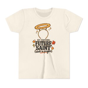 Kids Future Saint Costume Shirt, Sparkly Halo Halloween Tee, Catholic Trick or Treat Outfit image 2