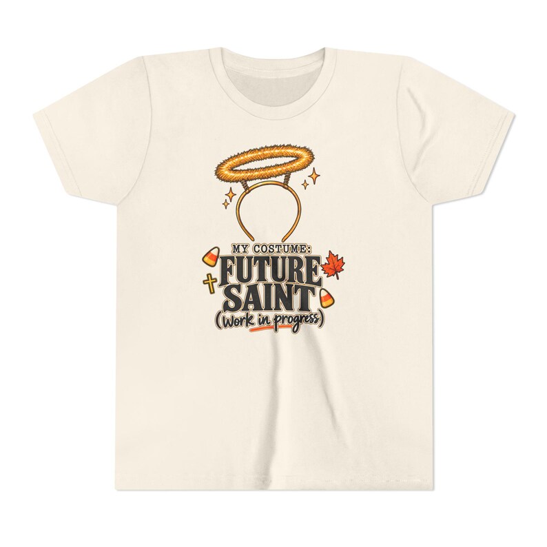 Kids Future Saint Costume Shirt, Sparkly Halo Halloween Tee, Catholic Trick or Treat Outfit image 2
