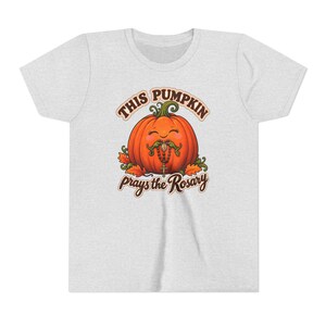 Youth Catholic Halloween Shirt, Pumpkin Prays Rosary, Fall Harvest Gift image 2