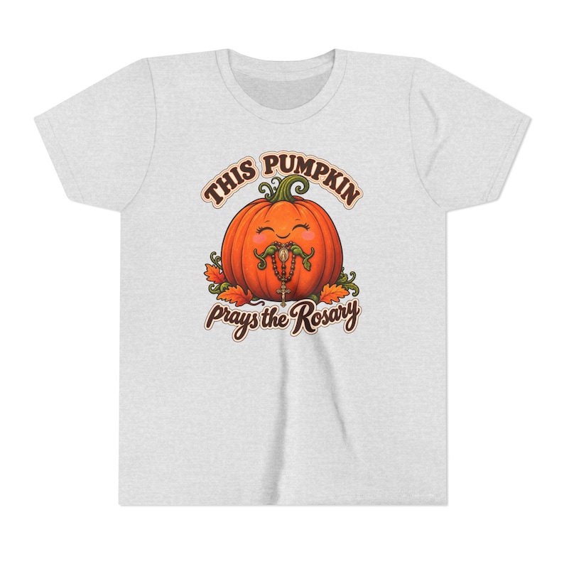 Youth Catholic Halloween Shirt, Pumpkin Prays Rosary, Fall Harvest Gift image 2