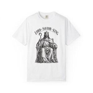 King of Kings Tee, Vintage Woodcut Jesus Enthroned, Solemnity of Christ Gift for Husband or Priest, Catholic Unisex Shirt, Comfort Colors image 2