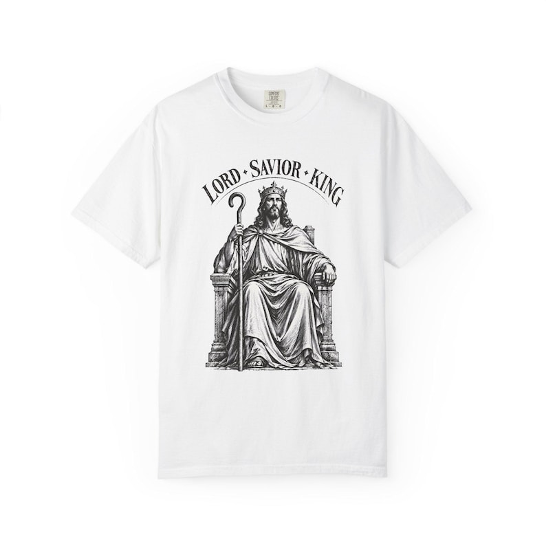King of Kings Tee, Vintage Woodcut Jesus Enthroned, Solemnity of Christ Gift for Husband or Priest, Catholic Unisex Shirt, Comfort Colors image 2
