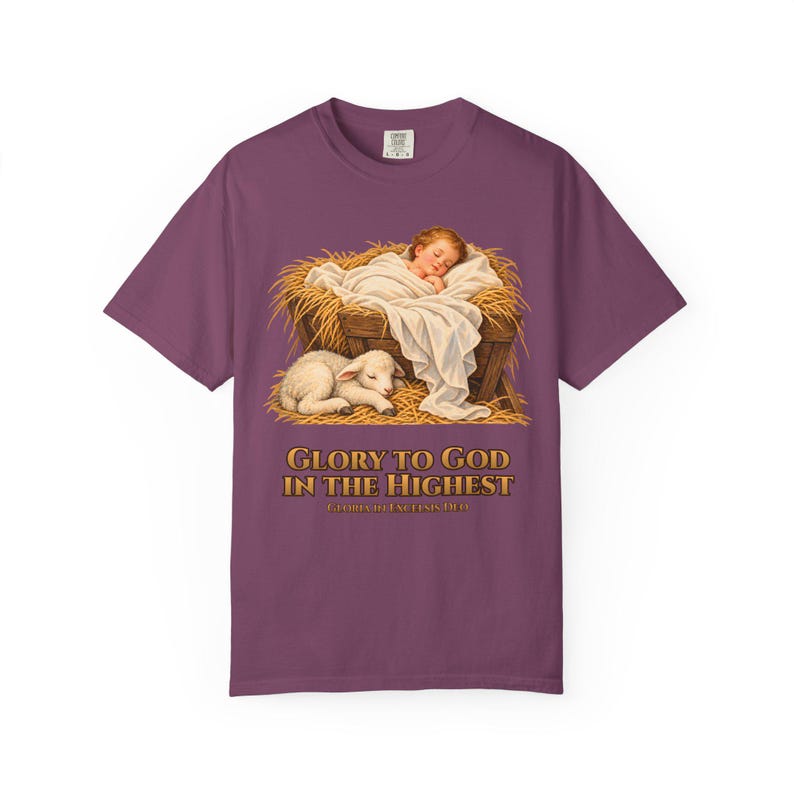 Glory to God in the Highest Comfort Colors Shirt | Catholic Christmas Nativity T-Shirt | Christmas Gift | Christ Child with Lamb image 10