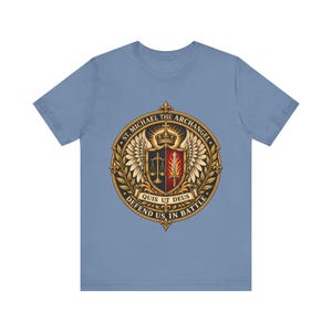 St Michael the Archangel Crest Shirt, Defend Us in Battle Tee, Winged Shield Scales and Sword, Catholic Men's Gift, Police Patron Apparel image 4