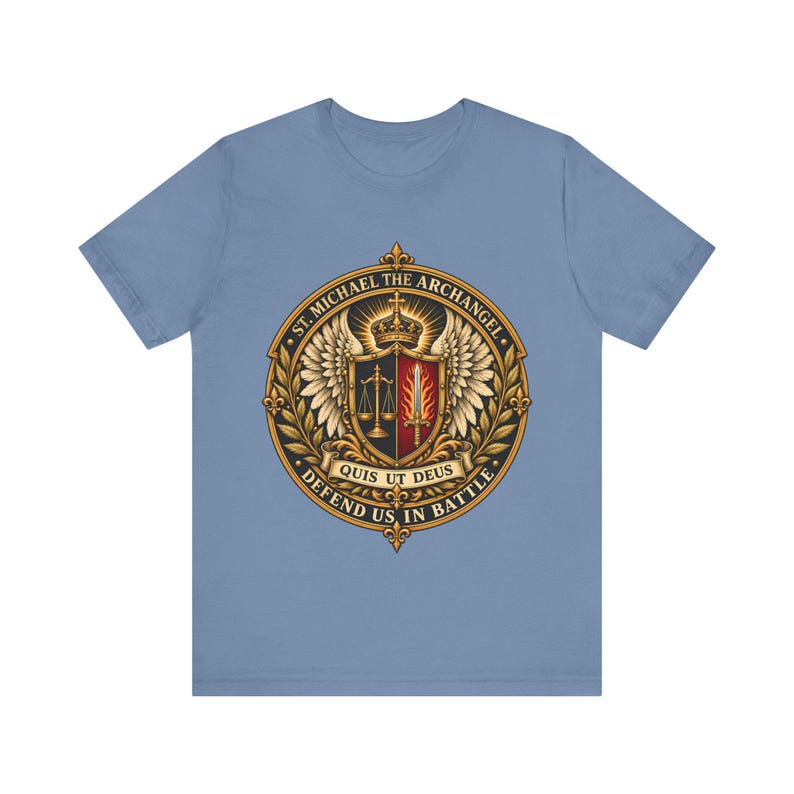 St Michael the Archangel Crest Shirt, Defend Us in Battle Tee, Winged Shield Scales and Sword, Catholic Men's Gift, Police Patron Apparel image 4