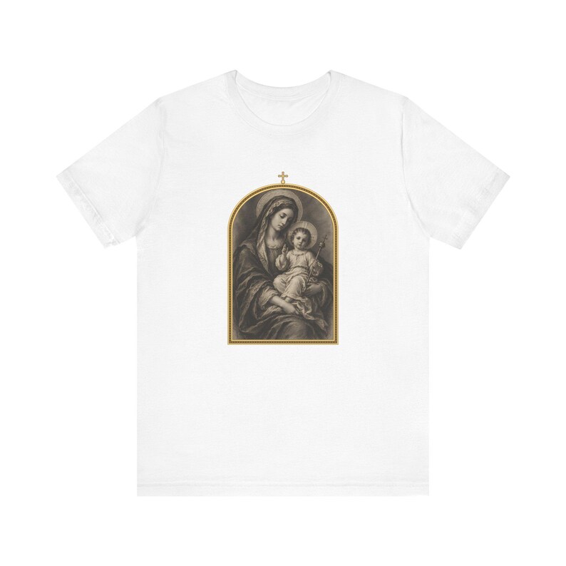 Virgin Mary Shirt, Madonna and Child Charcoal Sketch, Blessed Mother Catholic Gift for Mom, Vintage Marian Art Tee, Baby Jesus Top image 2