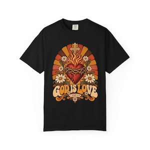 Retro Bible Verse Tee, 1 John 4 8 Sacred Heart Sunburst, Vintage Christian Gift for Mom, Boho Floral Scripture Apparel, Comfort Colors image 1