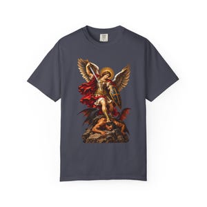 Archangel Michael Tee, Triumphant Angel Crushing the Devil, Warrior Prayer Gift for Dad, Godson or Husband, Comfort Colors image 6