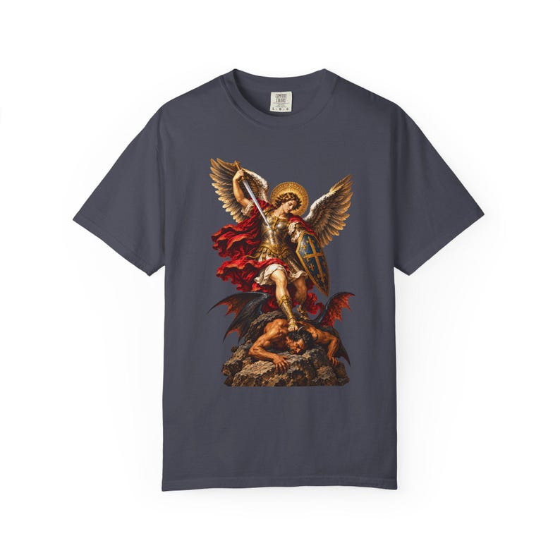 Archangel Michael Tee, Triumphant Angel Crushing the Devil, Warrior Prayer Gift for Dad, Godson or Husband, Comfort Colors image 6