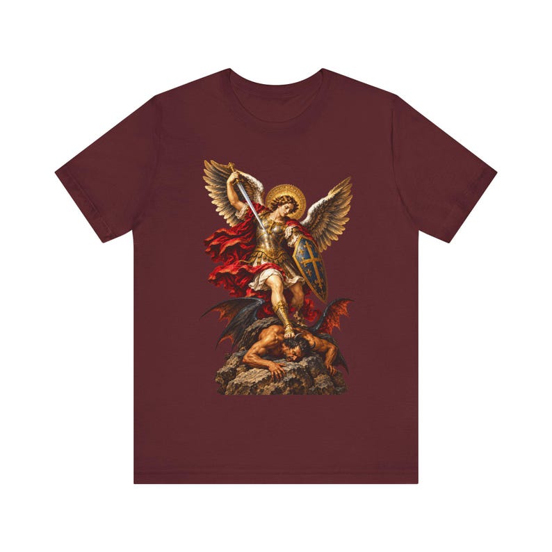 聖ミカエルTシャツ｜カトリックTシャツ｜男性向け霊的戦いギフト｜勝利の剣 画像 4