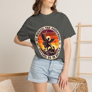 Retro St Michael Badge Tee, Defend Us in Battle Sunset, Archangel Slaying Dragon, Vintage Catholic Shirt, Men's Gift, Comfort Colors image 1