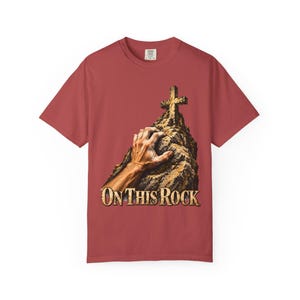 On This Rock Comfort Colors Shirt | Catholic Climbing T-Shirt | Gift for Rock Climber | Hand on Rock with Cross image 7