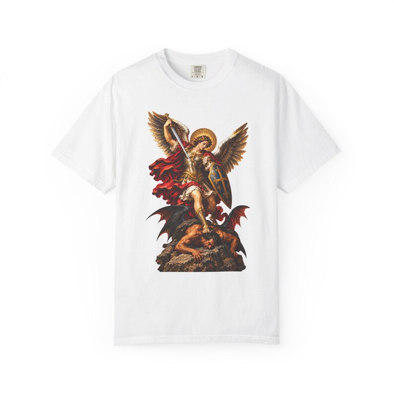 Archangel Michael Tee, Triumphant Angel Crushing the Devil, Warrior Prayer Gift for Dad, Godson or Husband, Comfort Colors image 3
