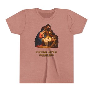 Kids O Come Let Us Adore Him Shirt, Youth Nativity Christmas Tee, Catholic Christmas Gift for Kids, Holy Family Venite Adoremus image 3