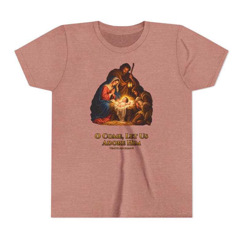Kids O Come Let Us Adore Him Shirt, Youth Nativity Christmas Tee, Catholic Christmas Gift for Kids, Holy Family Venite Adoremus image 3