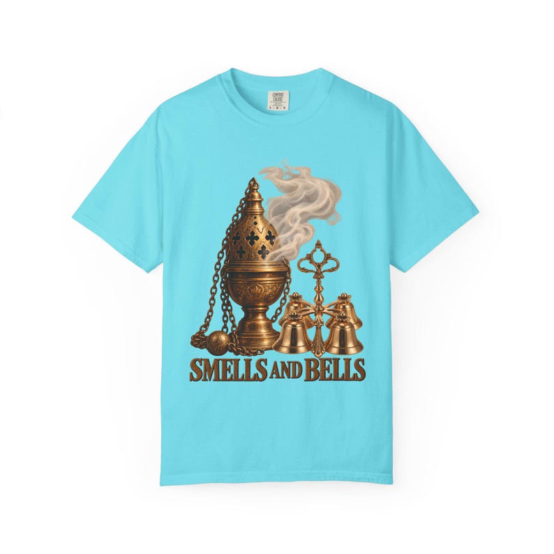 Koszulka w kolorach komfortu „Smells and Bells” | Zabawna koszulka katolicka | Prezent dla ministranta | Trybularz i dzwonki Sanctus zdjęcie 2