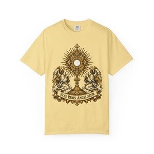 Monstrance Tee, Behold the Bread of Angels, Eucharist Adoration Gift for Priests or Deacons, Corpus Christi, Ecce Panis, Comfort Colors image 4